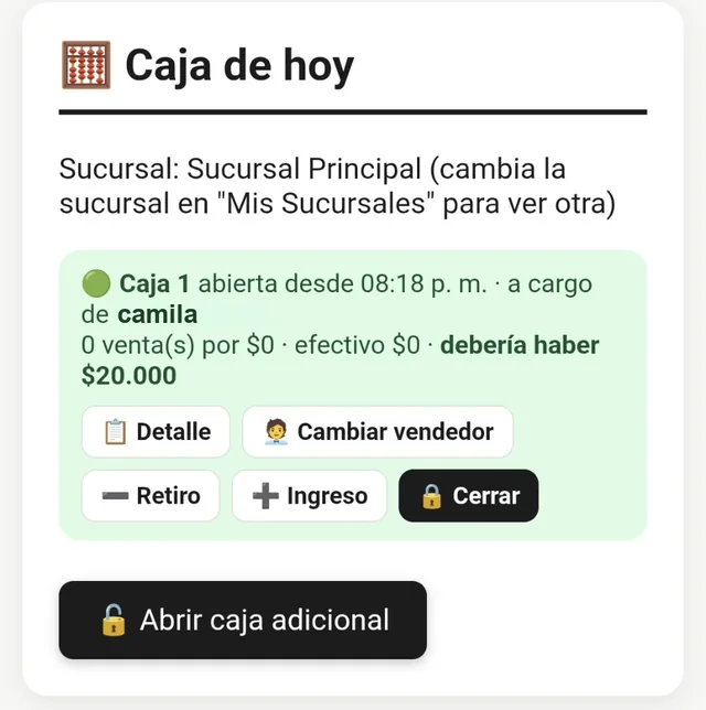 Pantalla de la caja de hoy en Ignami: caja abierta, retiros, ingresos y cierre